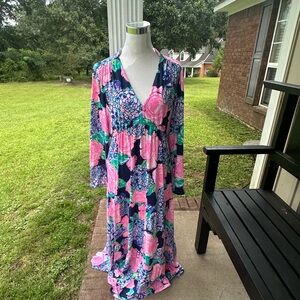 Lilly Pulitzer Martinique Maxi Dress High Tide Navy Hey Hey Bouquet Pink Tiered